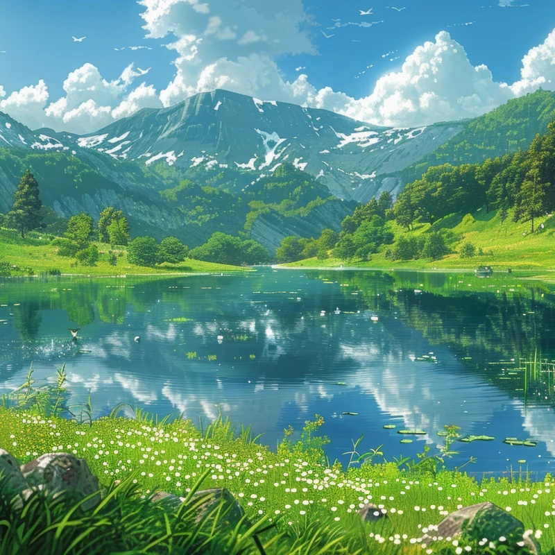 Anime-stijl bergmeer 8K ultra HD bureaublad achtergrond
