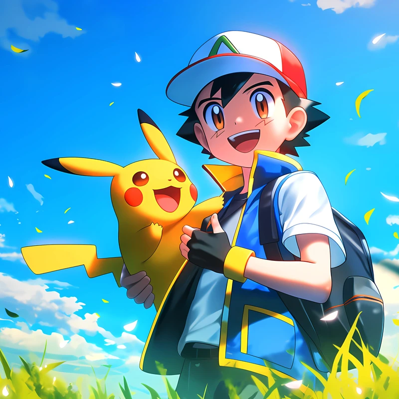 Anime-stil Pokémon-træner og Pikachu 4K skrivebordsbillede