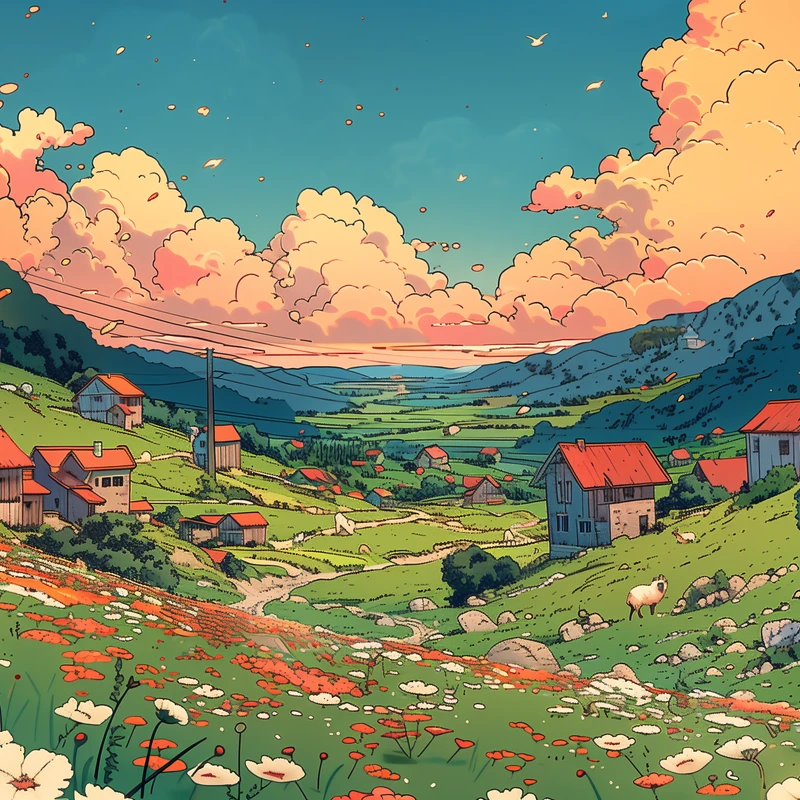 Anime-stijl dorpsschets 8K Ultra HD bureaublad achtergrond