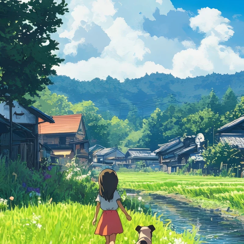 Japonský styl: venkovská dívka a štěňátko, tapeta 8K