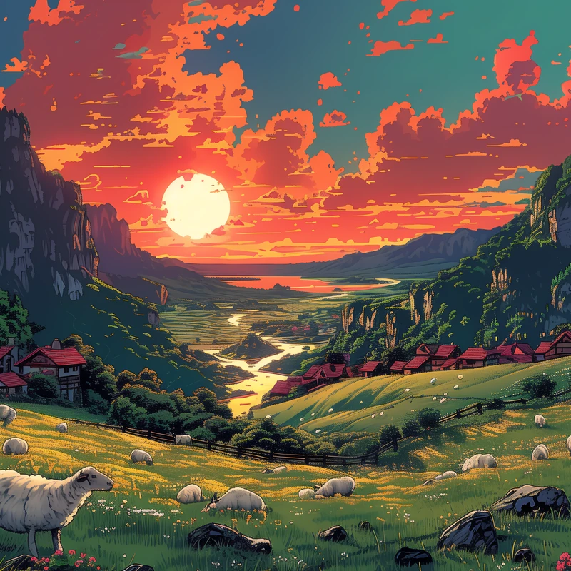 Anime-vallei zonsondergang 8K Ultra HD bureaublad achtergrond