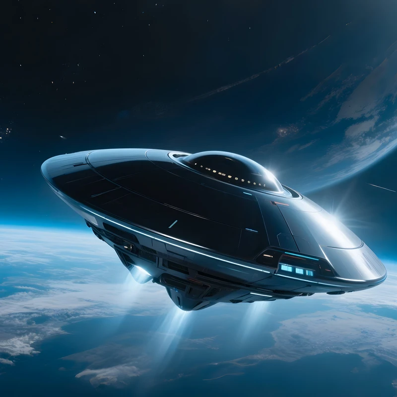 Vaisseau spatial de science-fiction orbitant autour d'une planète bleue 4K Wallpaper