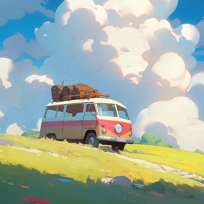 Anime-stijl retro camper 4K bureaublad achtergrond