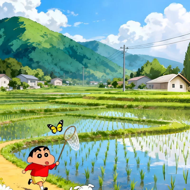 Anime landelijke rijstvelden 8K Ultra HD telefoon achtergrond