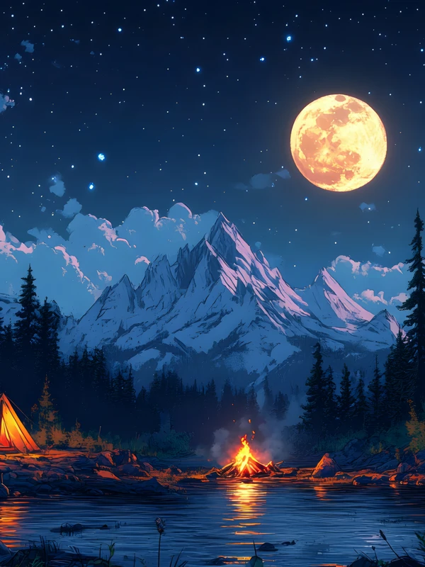 Oriental Art Moonlit Mountain Campfire 8K Ultra HD Desktop Wallpaper