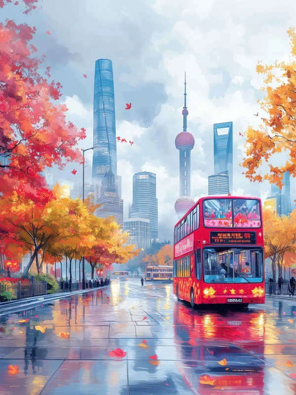 Oriental Art Autumn Shanghai Cityscape 4K Desktop Wallpaper