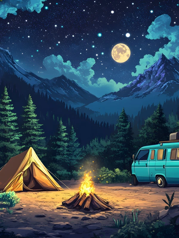 Oriental Art Mountain Campfire 8K Ultra HD Desktop Wallpaper