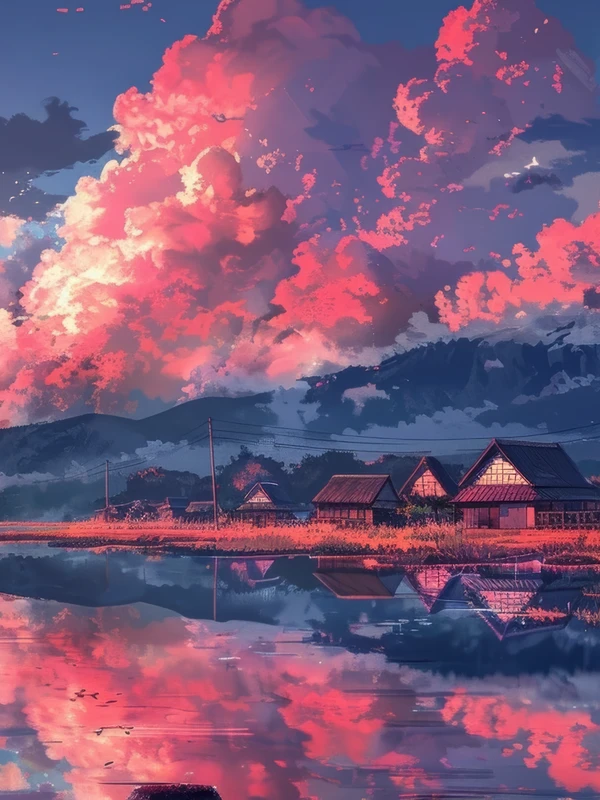 Japanese Anime Village Sunset 8K Ultra HD Tablet Wallpaper