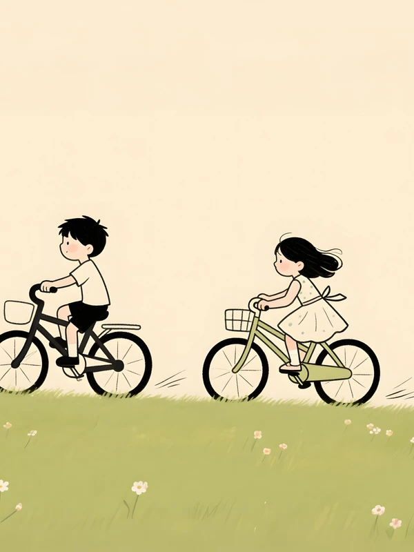 Minimalist Cartoon Couple Biking 4K Desktop Wallpaper