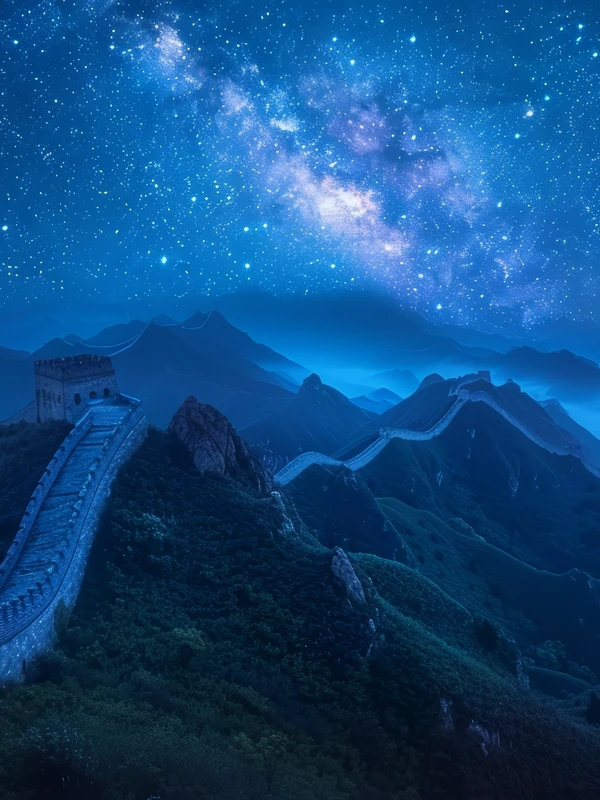 Chinese Night Sky Over Great Wall 8K Ultra HD Desktop Wallpaper