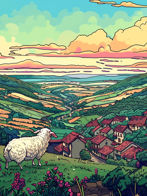 Illustration Pastoral Valley Sheep 8K Ultra HD Desktop Wallpaper