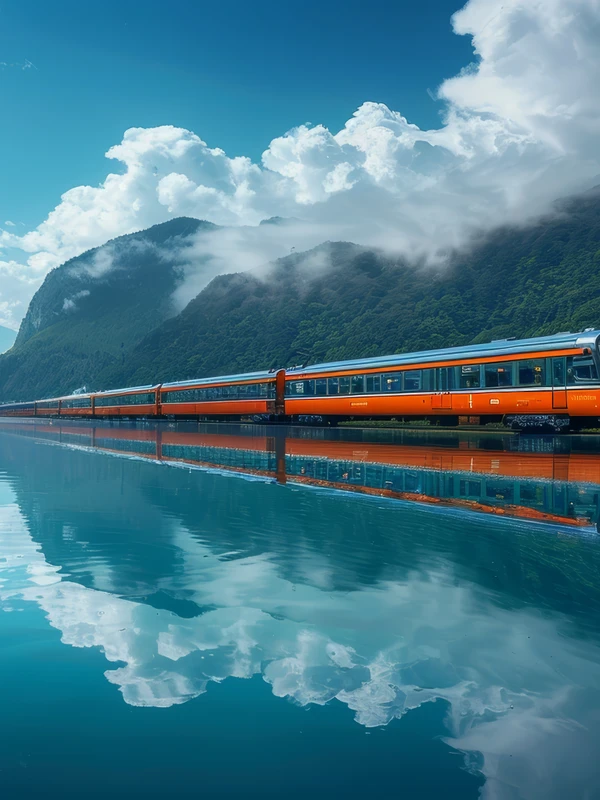 Swiss-Style Lakeside Train 8K Ultra HD Desktop Wallpaper