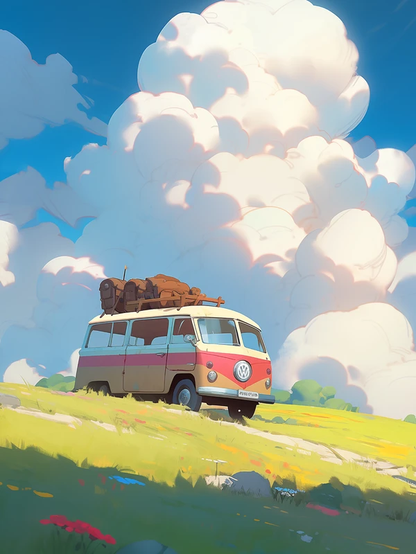 Anime Style Vintage Van in Meadow 4K Desktop Wallpaper