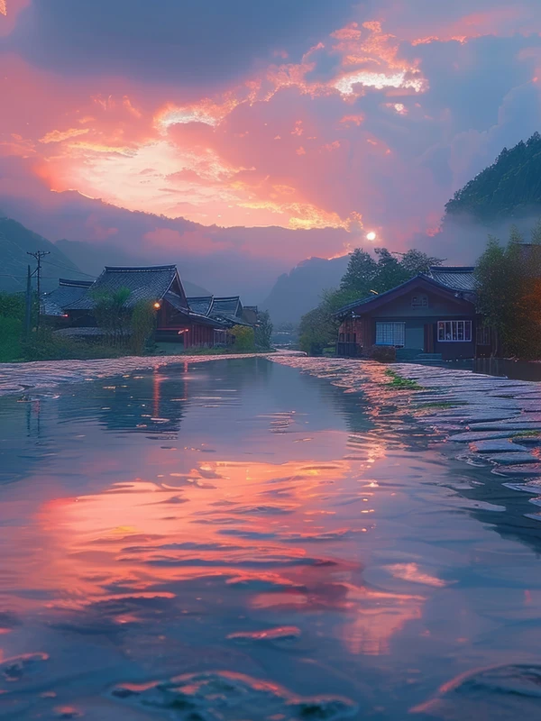 Japanese Village Sunset 8K Ultra HD Desktop Wallpaper