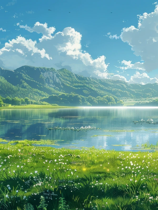 Anime Style Lake and Mountains 8K Ultra HD Desktop Wallpaper