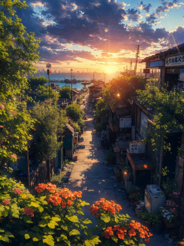 Japanese Coastal Village Sunset 8K Ultra HD Tablet Wallpaper