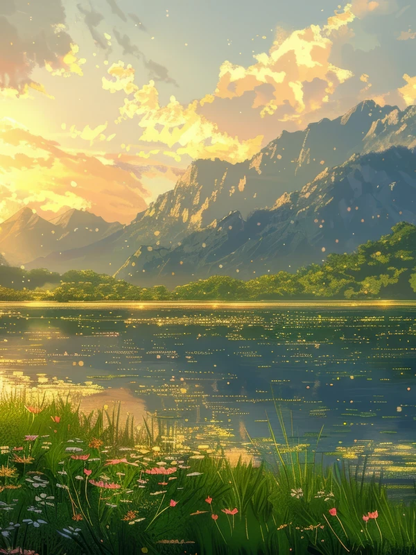 Anime Style Mountain Lake Sunset 8K Ultra HD Tablet Wallpaper