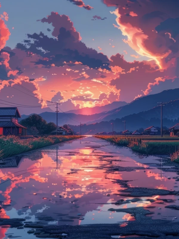 Japanese Village Sunset 8K Ultra HD Desktop Wallpaper