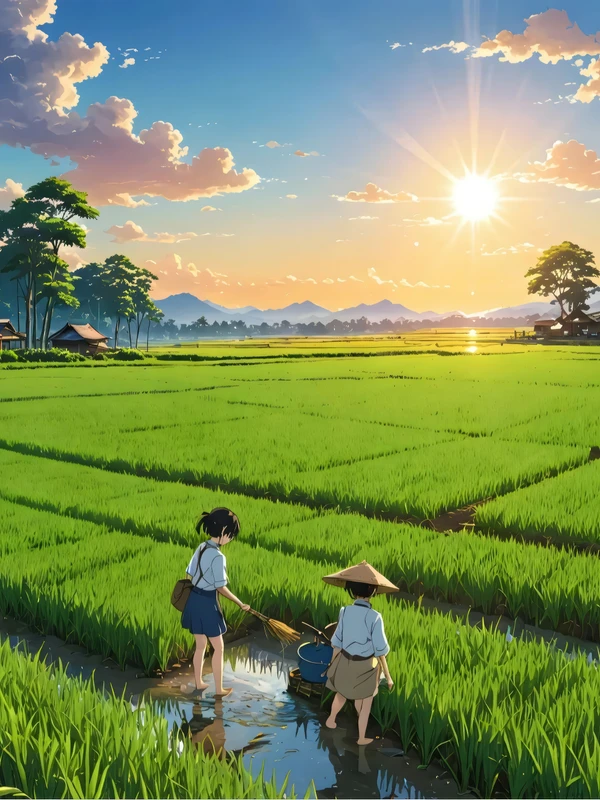Japanese Rice Fields Sunset 8K Ultra HD Desktop Wallpaper