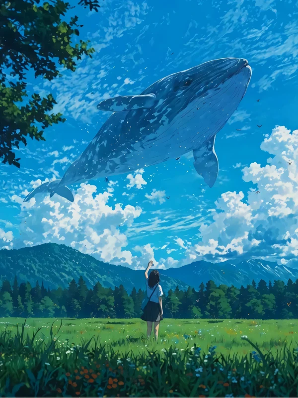 Ghibli-style Flying Whale Sky 8K Ultra HD Desktop Wallpaper