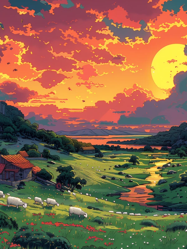 Anime Countryside Sunset 8K Ultra HD Desktop Wallpaper