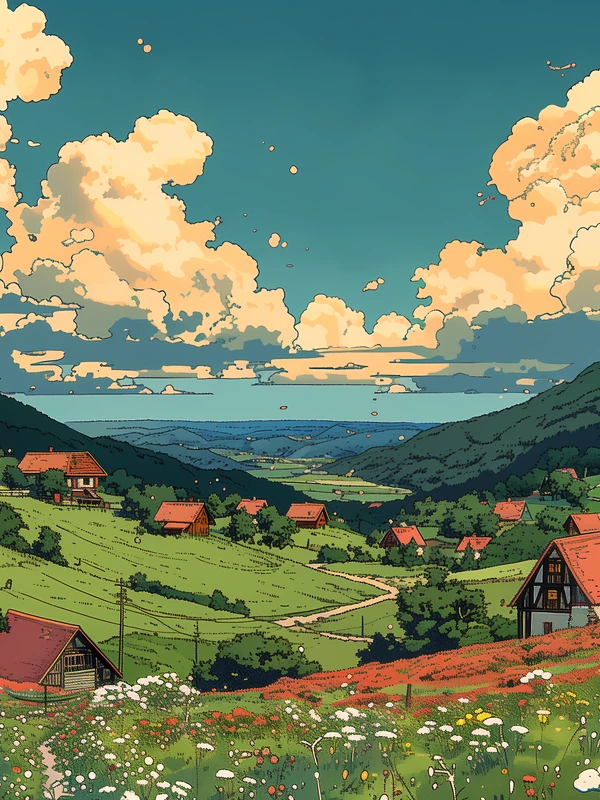 Anime Alpine Village 4K Desktop Wallpaper