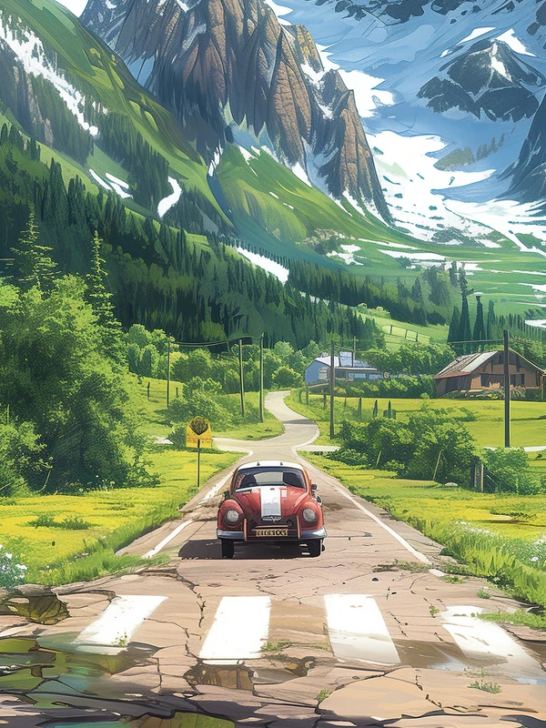 Anime Alpine Road Trip 4K Desktop Wallpaper