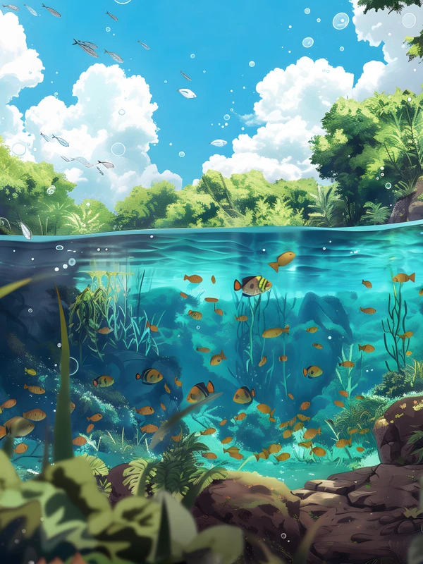Anime Style Underwater Jungle 4K Desktop Wallpaper