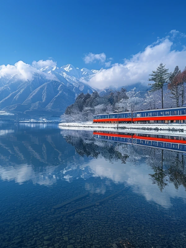 Japanese-Style Snowy Mountain Lake Landscape 8K Desktop Wallpaper