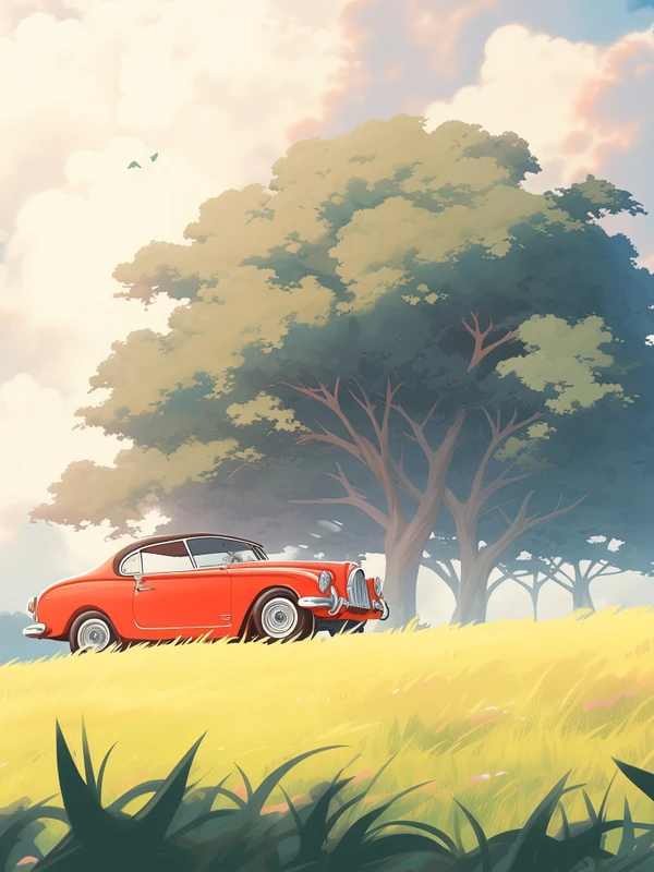 Anime Style Red Car in Field 4K Desktop Wallpaper