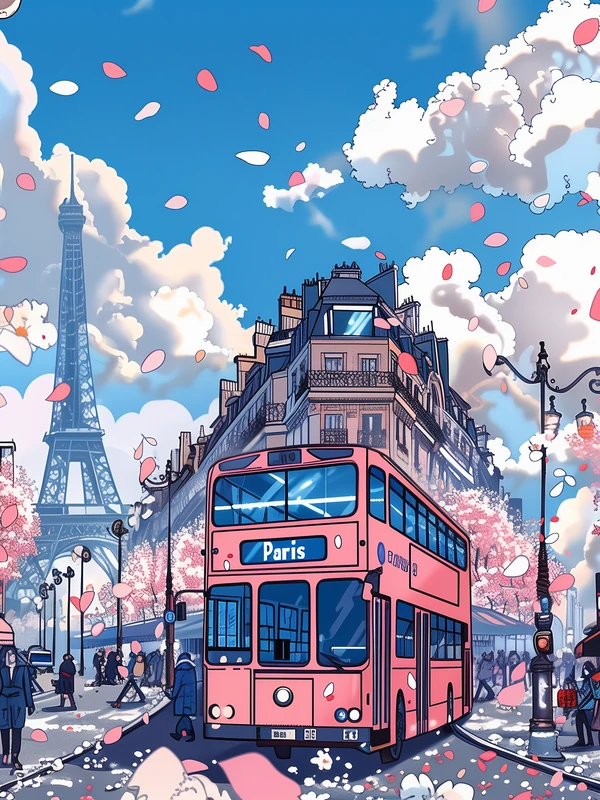 Paris Cherry Blossom Street Scene 8K Ultra HD Desktop Wallpaper