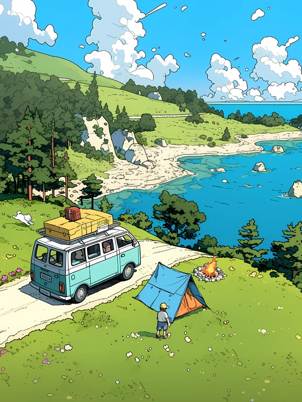 Anime-style Camping Lake Scene 4K Desktop Wallpaper
