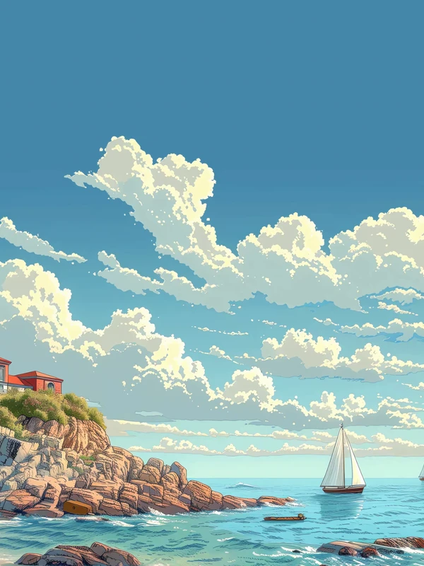 Anime Coastal Cliff with Sailboat 4K Desktop Wallpaper