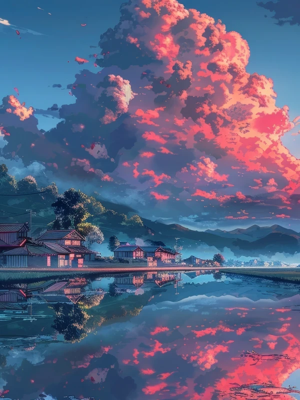 Japanese Village Sunset 8K Ultra HD Desktop Wallpaper
