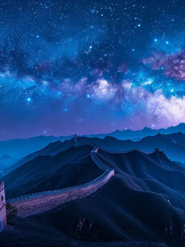 Chinese Night Sky Over Great Wall 8K Ultra HD Desktop Wallpaper