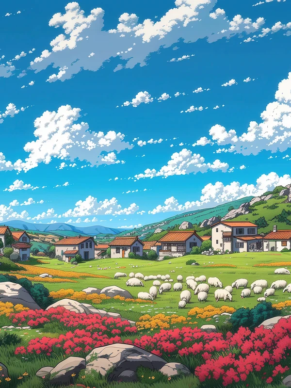 Anime Village Meadow 4K Desktop Wallpaper