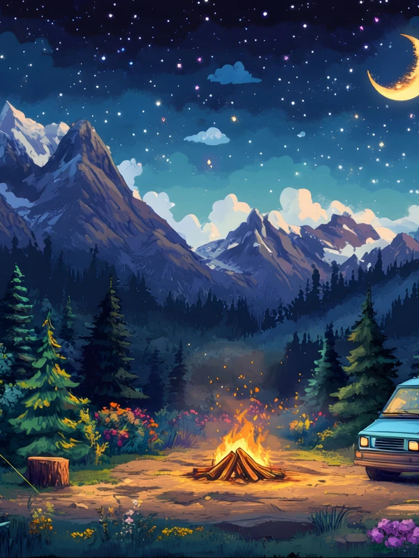 Oriental Art Mountain Campfire 8K Ultra HD Tablet Wallpaper