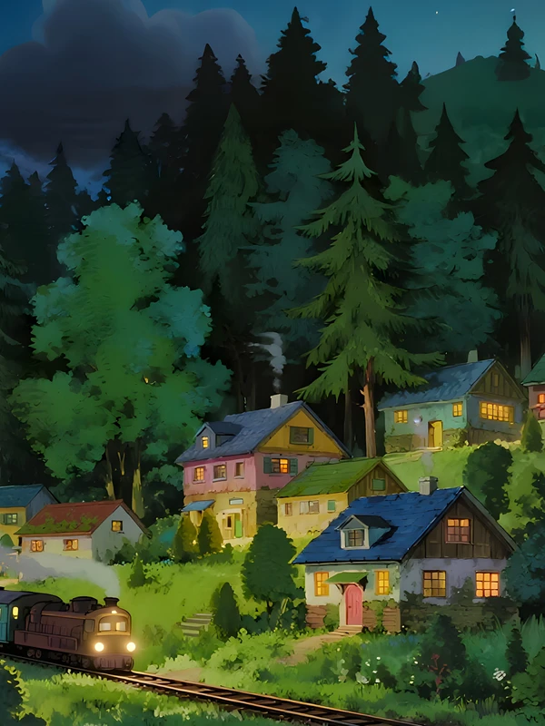 Anime Forest Village Night 4K Desktop Wallpaper