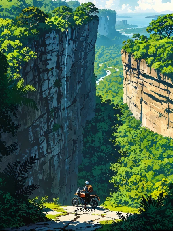 Anime Style Canyon Waterfall 8K Ultra HD Tablet Wallpaper