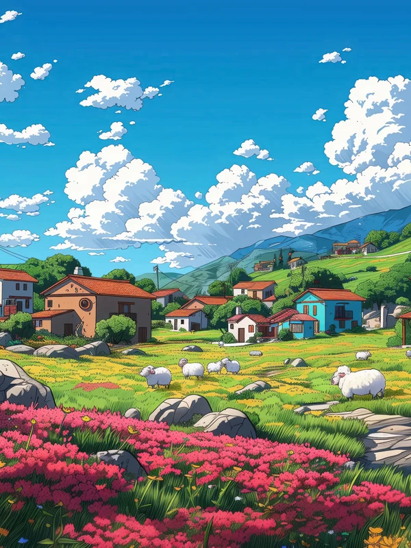 Anime Village Spring Flowers 4K Desktop Wallpaper