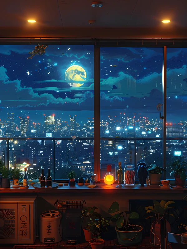 Japanese Cityscape Night Moon 4K Desktop Wallpaper