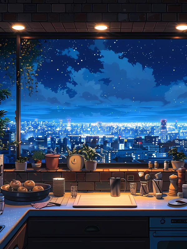 Anime Kitchen Cityscape Night 4K Desktop Wallpaper