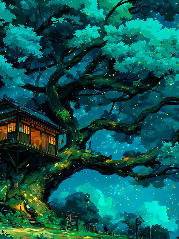 Japanese Anime Treehouse Night 4K Desktop Wallpaper