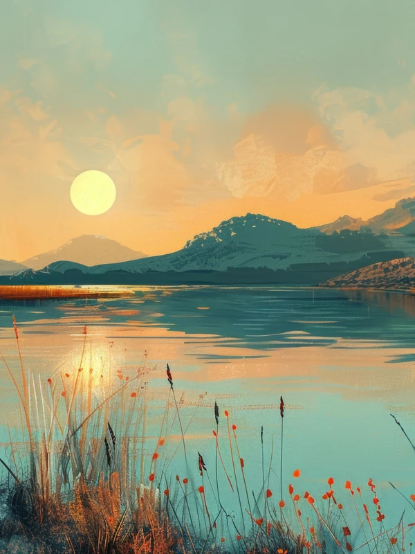 Oriental Art Lake Sunset 8K Ultra HD Desktop Wallpaper