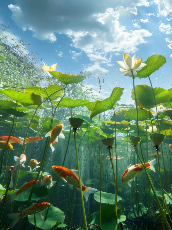 Japanese Koi Pond Lotus 8K Ultra HD Tablet Wallpaper