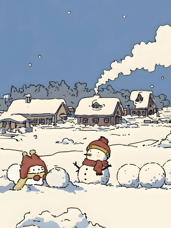 Kawaii Winter Snowman Village 8K Ultra HD Tablet Wallpaper