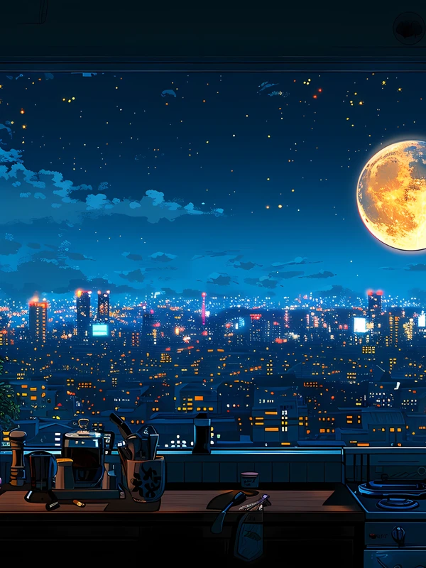 Anime Cityscape Night Moon 4K Desktop Wallpaper
