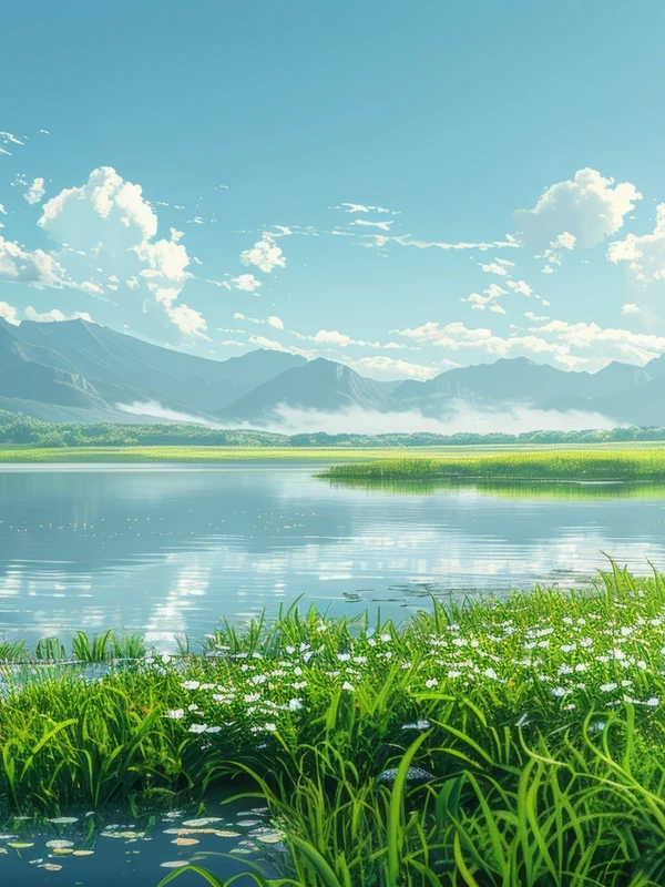 Oriental Art Lake and Mountains 8K Ultra HD Desktop Wallpaper
