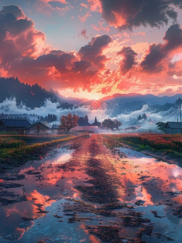 Japanese Village Sunset 8K Ultra HD Tablet Wallpaper
