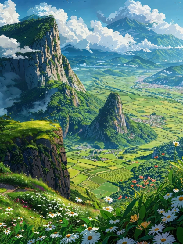 Studio Ghibli Style Mountain Valley 8K Ultra HD Desktop Wallpaper
